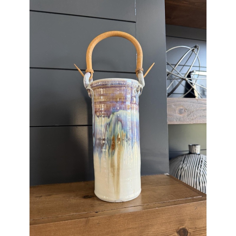 VTG Studio Art Pottery Vase Bamboo Handle Drip Glaze Purple Blue Cream 10.5"
